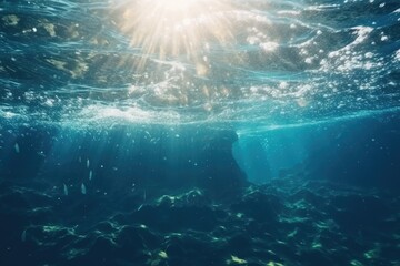 Fototapeta premium serene seascape with a bright sun shining over the calm waters. Generative AI