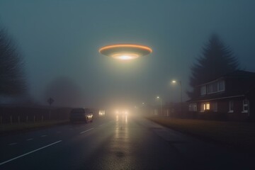 Fototapeta na wymiar Eerie glowing UFO lights hovering above deserted suburban road on a foggy winter day in the UK. Generative AI
