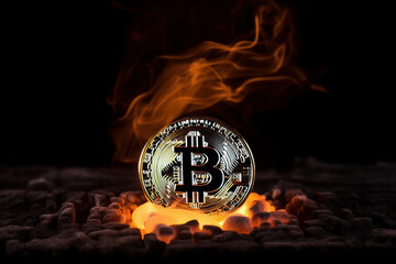 bitcoin burns with a flame. increase in shares. brokerage trades in the securities market. gold coin btc. ai generative