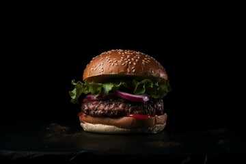 Photo of a burger on a dark background. Generative AI