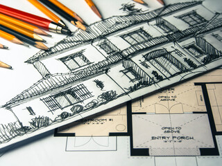 Handmade sketching, handmade drawing.  Architectural design. Drawing in progress. Drawing on the table. Architectural sketching.