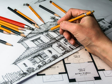 Handmade sketching, handmade drawing.  Architectural design. Drawing in progress. Drawing on the table. Architectural sketching.