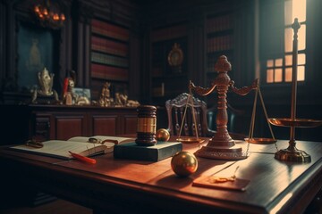 Courtroom themed NFT concept with judge's gavel and legalizing virtual goods and art trade. Generative AI