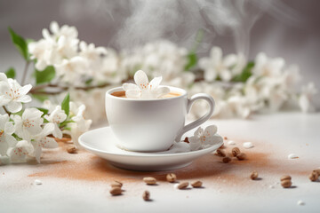 Fototapeta na wymiar Coffee cup on white background flower flowers and white Generative AI