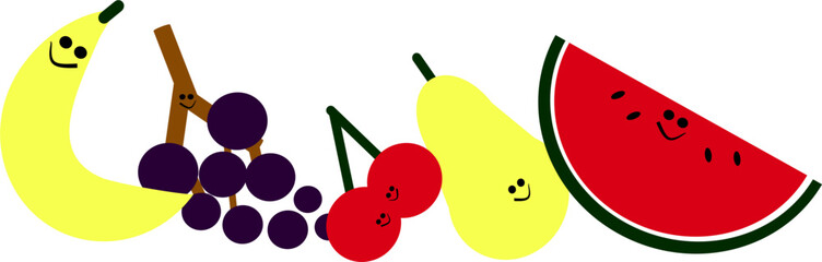 Banner con frutta allegra colorata, illustrazione isolata su sfondo bianco