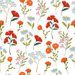 Seamless floral pattern vector flat illustration. Wildflowers repeating print.