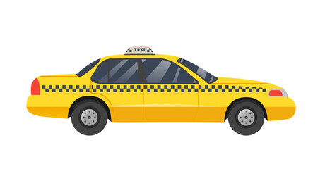 Taxi side view concept. Travel, trip and tourism. Sticker for social networks and messengers. Yellow transport, cab or car. Passenger transportation order. Cartoon flat vector illustration
