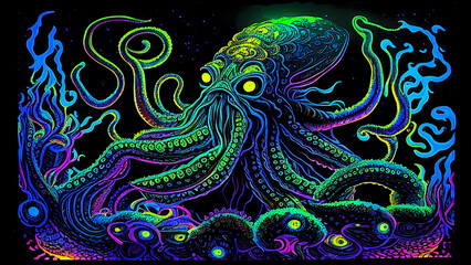 Chuthulu cthulhu sea monster nightmare elder god, Lovecraftian horror sea monster beast in groovy blacklight poster style, awesome epic fantasy art in neon colors (generative ai, ai)