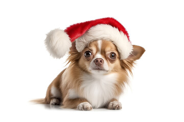 Funny fluffy chihuahua dog in a Santa Claus hat. Big dog in a red Santa hat. New year or Christmas Banner with copy cpace