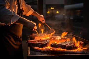 Chef is grilling a thick two steaks on fire. Generative AI