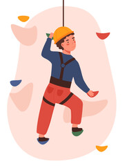 Boy climbing concept. Child engaged in mountaineering. Extreme sports and active lifestyle. Hobby and leisure. Character clinging to mountain ledges