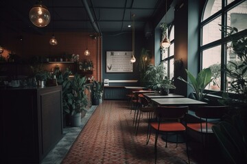 The café's indoor seating areas are devoid of customers. Generative AI