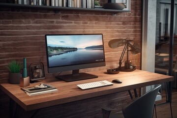 Contemporary wooden office with blank banner and equipment. Workstation concept. Generative AI