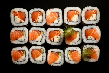 Salmon sushi rolls with boiled rice from a top view. Generative AI