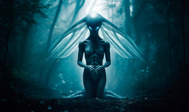 Alien creature in a spooky forest. Generative AI