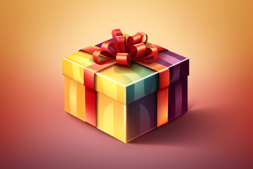 Obraz premium buntes Geschenk mit roter Schleife auf gelb-rotem Hintergrund. Querformat. Generative Ai.