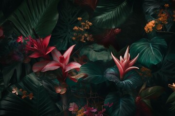 A continuous design of lush leaves and vibrant blossoms inspired by the tropics. Generative AI