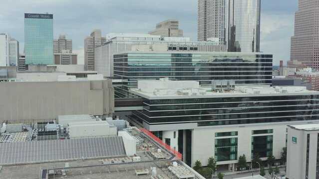 Flying at midlevel of various mirrored buildings in Atlanta Georgia