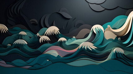 Pastel colored Paper art cartoon of ocean and island. Modern Origami. 3d paper layers. Generative ai