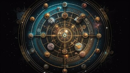 Naklejka premium An astrology chart with planetary alignment illustration. Generative AI. 