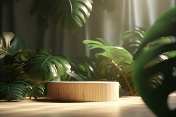 Natural empty wooden podium for spa product mock-up. Beautiful tropical leaves for natural, organic, spa, aroma, health, care, cosmetic, beauty background - generative ai