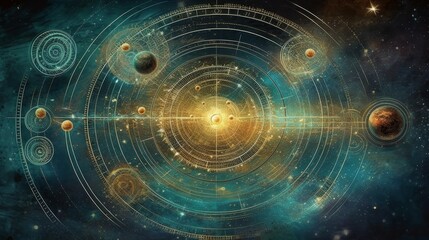 An astrology chart with planetary alignment illustration. Generative AI. 