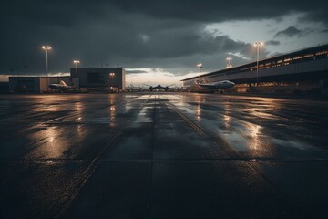 Fototapeta na wymiar Runway by the terminal, air control in tower, deserted parking lot. Generative AI