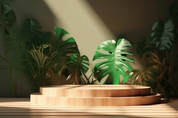 Round blank wooden podium for product display. Beautiful sun-lit tropical leaves for natural, organic, spa, aroma, health, care, cosmetic, beauty background - generative ai
