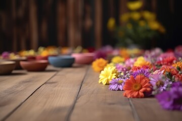 Empty wooden table for product mock-up display with beautiful colourful bowls and flowers in the background  - Generative AI