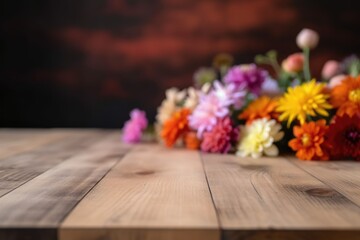 Empty wooden table for product mock-up display with beautiful colourful flowers in the background.  - Generative AI