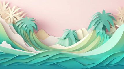 Fototapeta na wymiar Pastel colored Paper art cartoon of ocean and island. Modern Origami. 3d paper layers. Generative ai