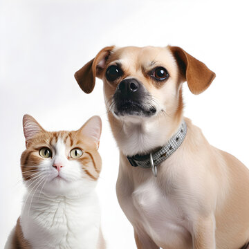 Cute dog and cat friends on white background, generative ai.