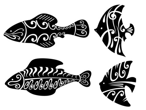 Tribal ocean fish. Collection of ethnic tropical ocean underwater  fishes. Polynesian marine inhabitants. Tattoo. Vector illustration of Hawaiian fish on a white background