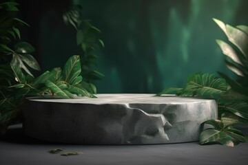 Empty grey marble podium for product mock-up display with green leaf background - generative ai