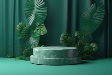 Empty green marble podium for product mock-up display with large tropical green leaf background  - generative ai