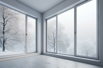 Scandinavian interior with a winter landscape view through a window in an empty white room. 3D illustration. Generative AI