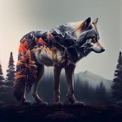 3d rendering of a wolf with a polygonal forest background