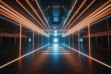 Futuristic illuminated barn-like hangar, lined with pillars and neon lights, leading to a modern underground corridor. Generative AI