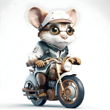 Cute cartoon mouse on a motorbike. 3D rendering.
