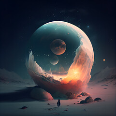 Fantasy landscape with planet and moon. 3d illustration. Elements of this image furnished by NASA