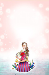 Illustration of woman manifesting abundance, love and health, with heart in hand and in vintage dress, emotions and feelings, type of greeting card, quotes