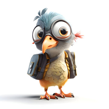 3D illustration of a cute cartoon parrot with backpack and backpack