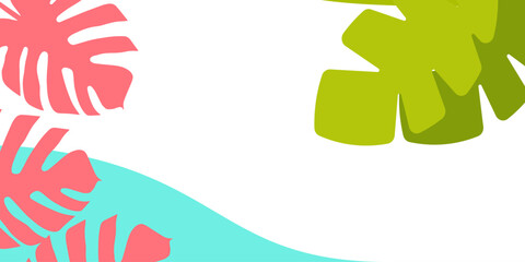 Obraz premium Summer bright abstract background for the poster. Horizontal, with plants, palm leaves, dots. Wallpaper design for posters, screensavers. Vector illustration.