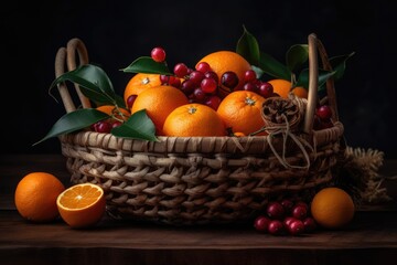 rustic wicker basket filled with vibrant oranges and cranberries. Generative AI