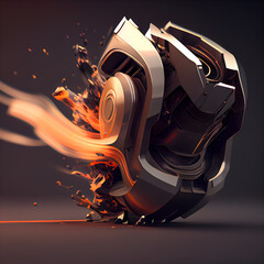 3d rendering of a robot head in fire on a dark background