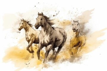 Fototapeta na wymiar three galloping horses in a row on a plain white background. Generative AI