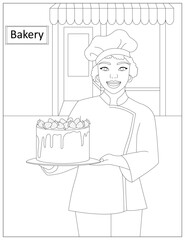 Coloring page of black woman baker with cake in front of bakery isolated on white background
