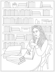 Coloring page of black woman writer with pen writing an autograph in her book isolated on white background
