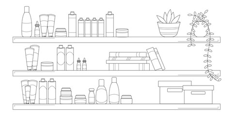 Coloring page of shelf with cosmetics products, tubes for cosmetics and skin care, bosex, plant and books on white background
