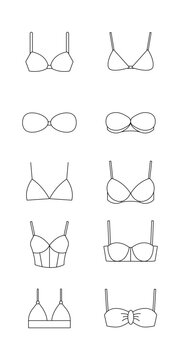 Set of line vector drawings  of women's bra isolated on white background